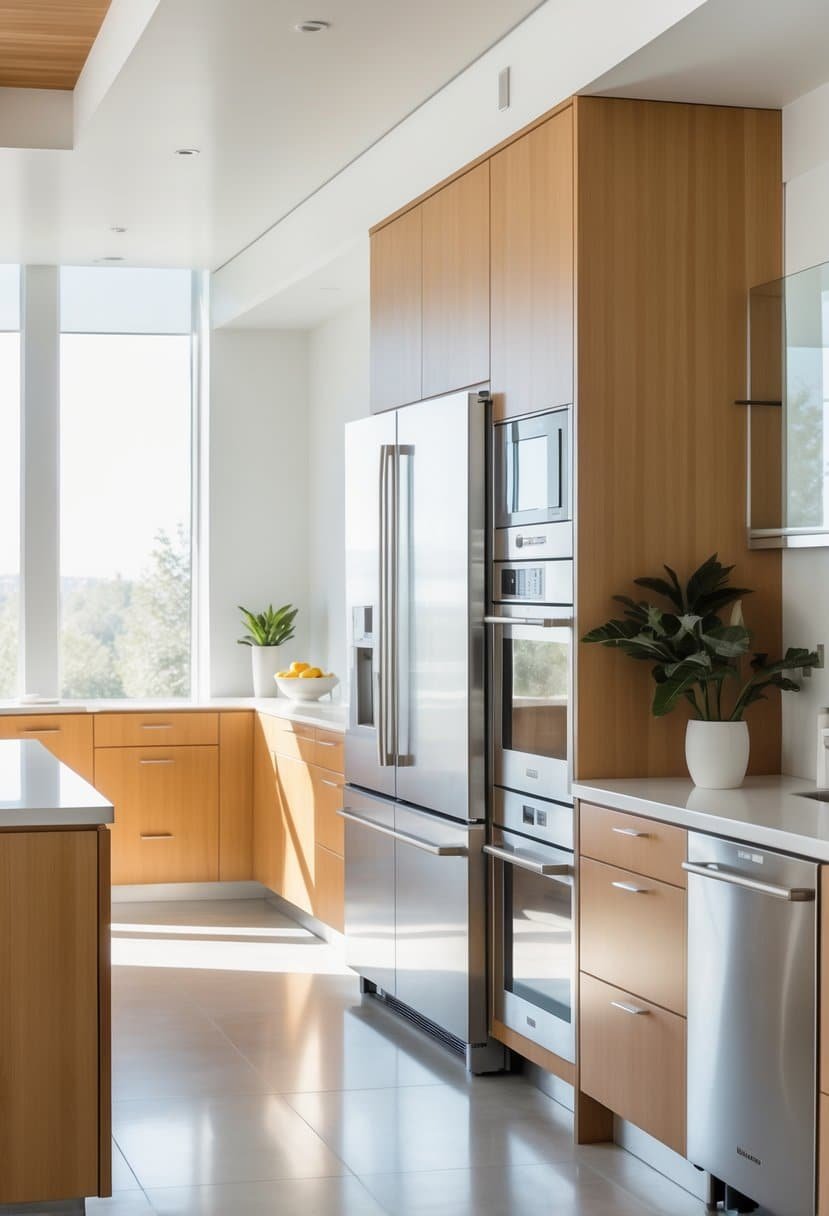 A modern kitchen with stainless steel appliances, wooden cabinets, and natural light coming through large windows.