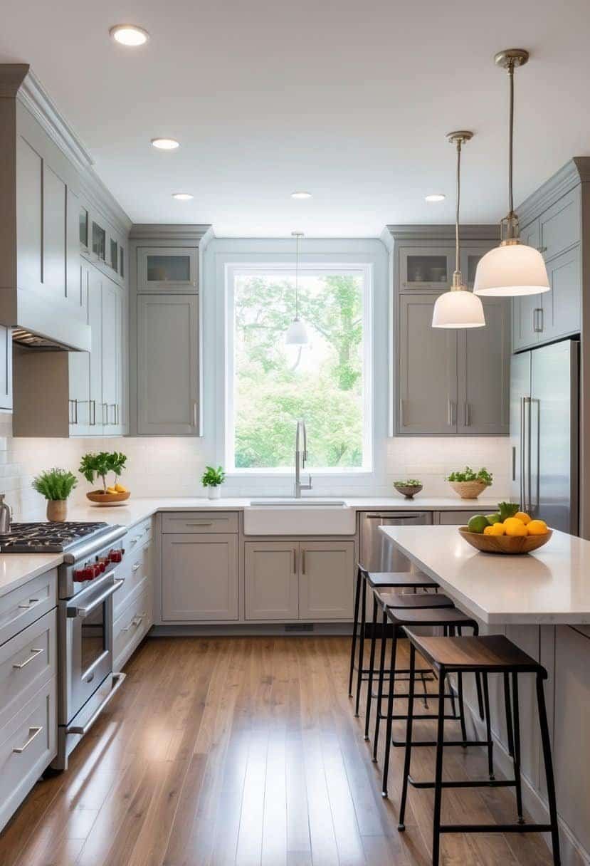 A spacious L-shaped kitchen with modern cabinets, countertops, appliances, a kitchen island with stools, and natural light coming through a window.