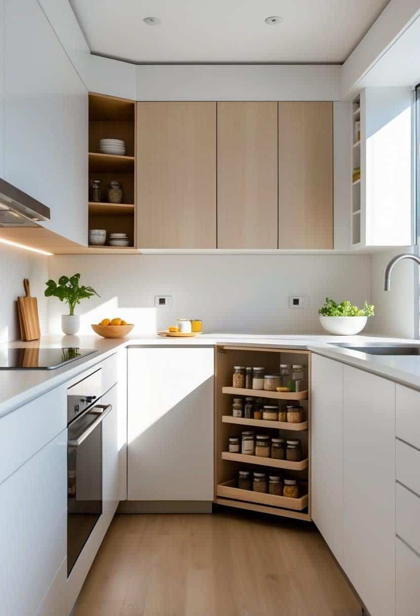 An L-shaped kitchen with an open corner lazy Susan cabinet showing organized shelves with kitchen items.