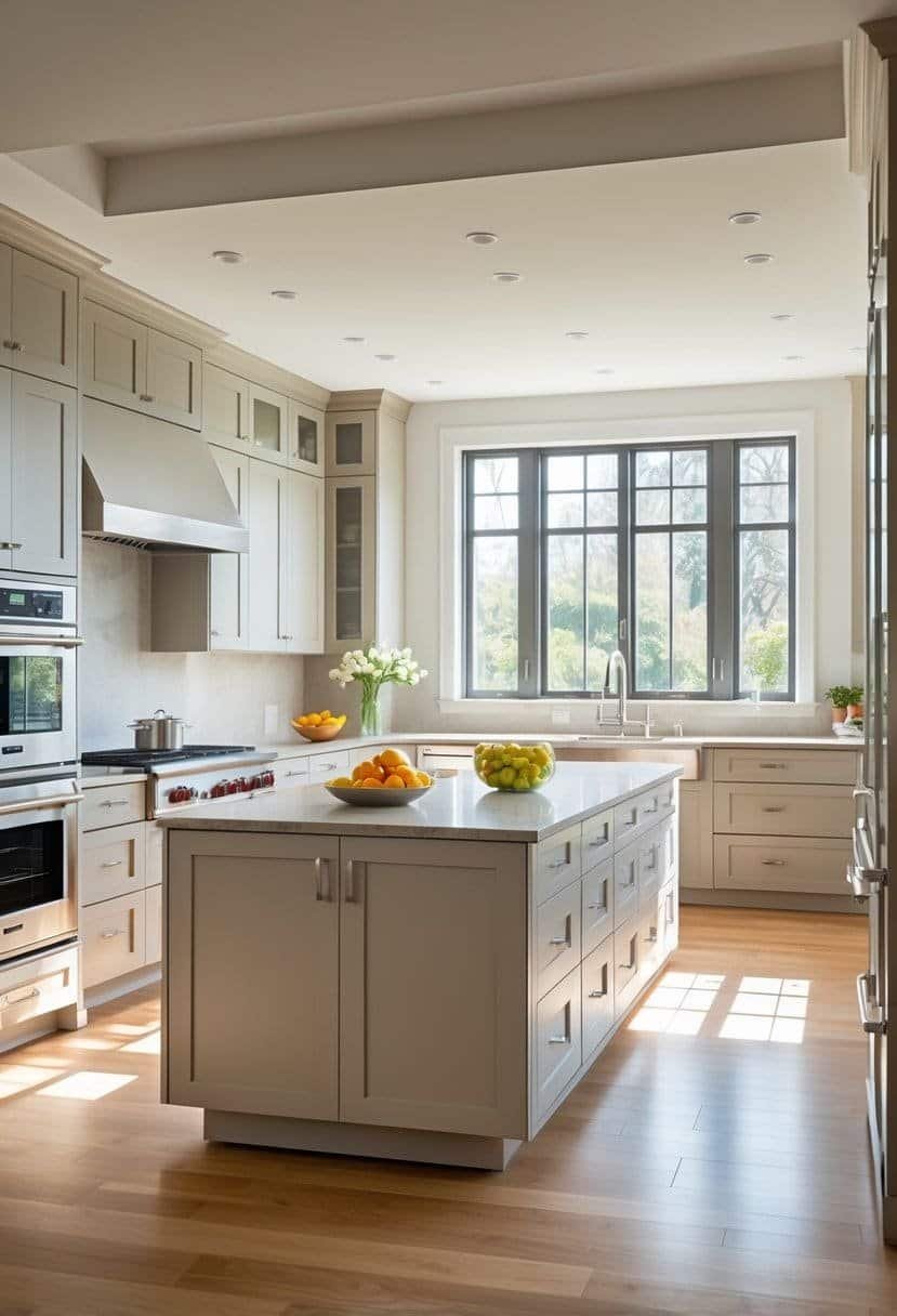 A modern kitchen with an L-shaped layout and a large island used for food preparation and storage.
