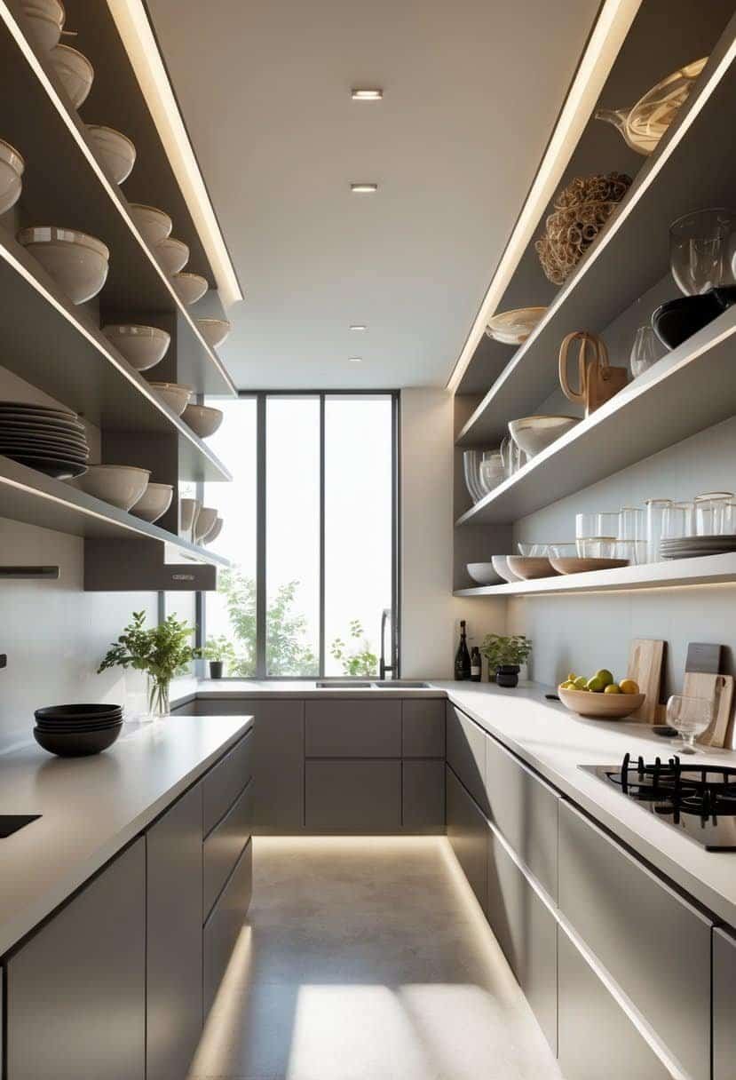 An L-shaped kitchen with open shelves displaying dishes and glassware in a bright, clean space.