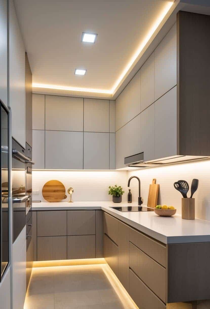 A modern L-shaped kitchen with under-cabinet lighting illuminating the countertops and stainless steel appliances.