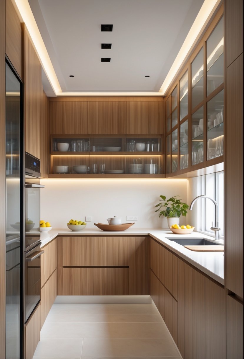 An L-shaped kitchen with a combination of closed and glass-front cabinets, bright lighting, and clean countertops.