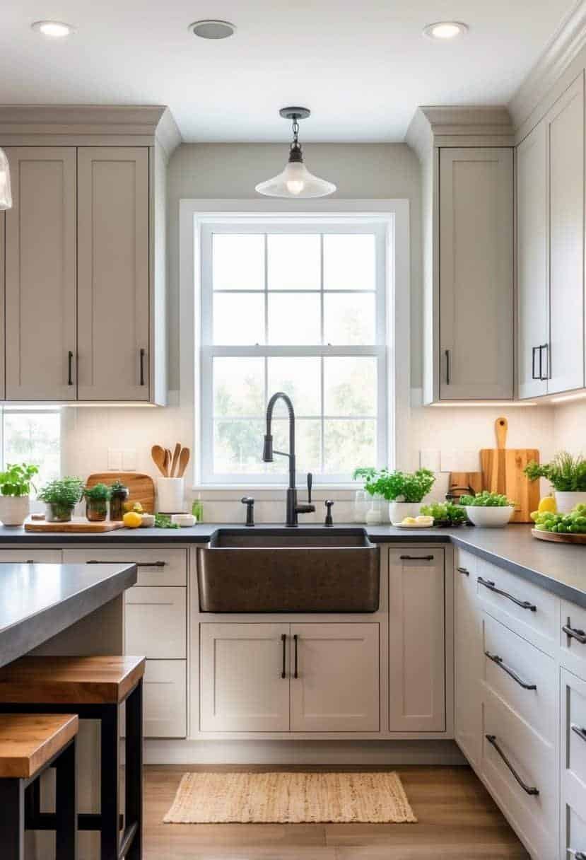 A bright L-shaped kitchen with a farmhouse sink installed under a window, featuring cabinets, countertop, and kitchen tools.