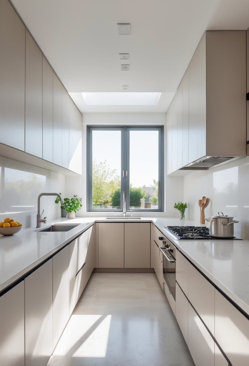 A modern kitchen with an 18 L-shaped layout and quartz countertops, featuring cabinets, appliances, and natural light.