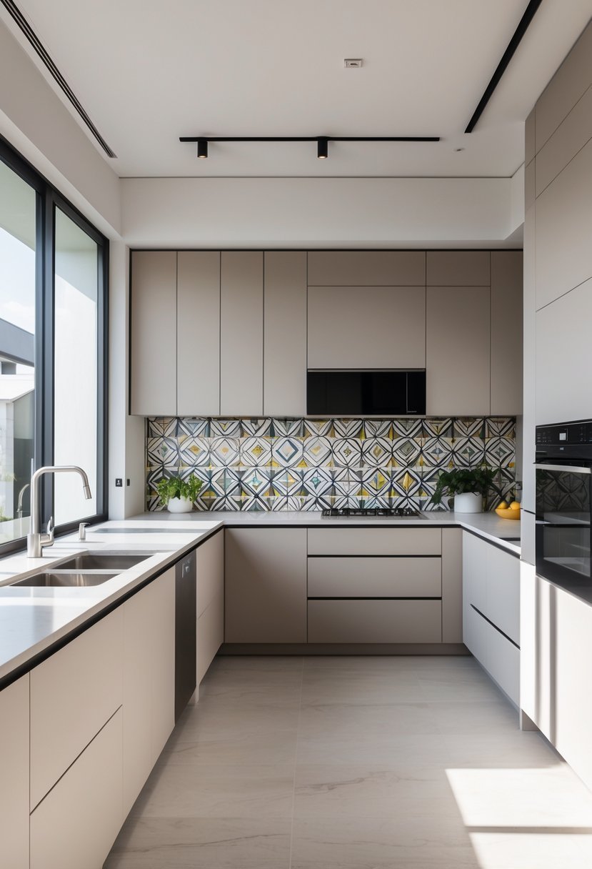 A bright and clean L-shaped kitchen with a geometric patterned backsplash and modern appliances.