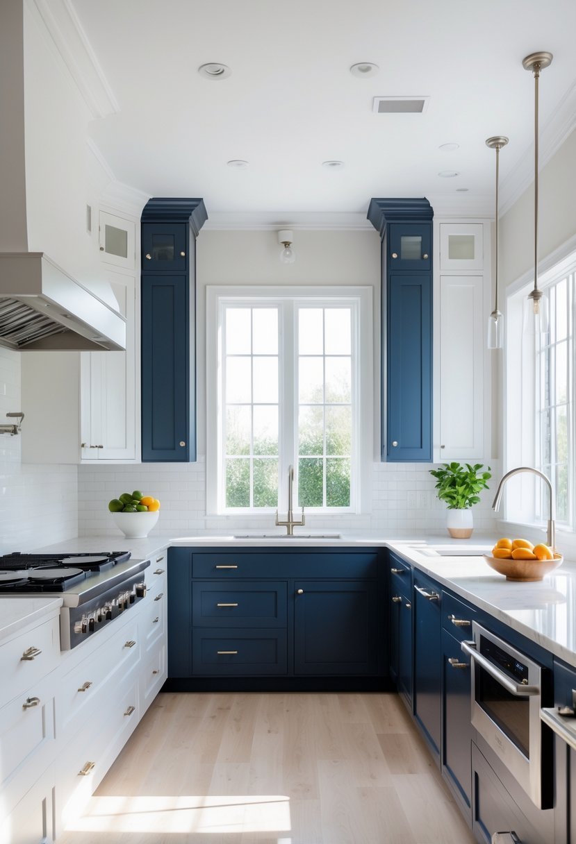 A bright kitchen with L-shaped cabinets in white and navy blue, a large island, and stainless steel appliances.
