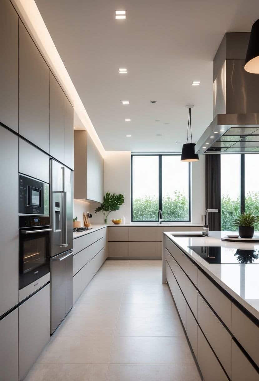 A spacious L-shaped kitchen with smart appliances, large windows, and a central island with bar stools.