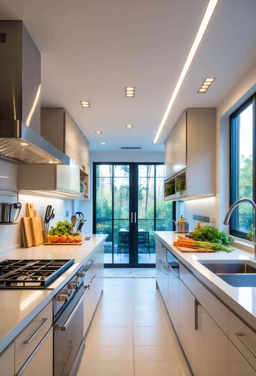 An L-shaped kitchen with separate areas for cooking, food preparation, and cleaning, featuring countertops, stovetop, sink, and kitchen tools.