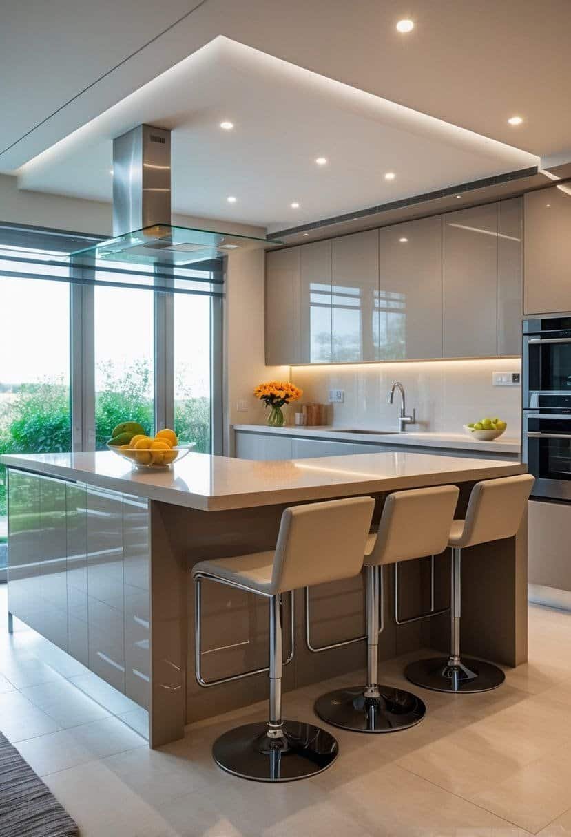 A modern kitchen with an L shaped layout featuring a breakfast bar with stools on the shorter side.