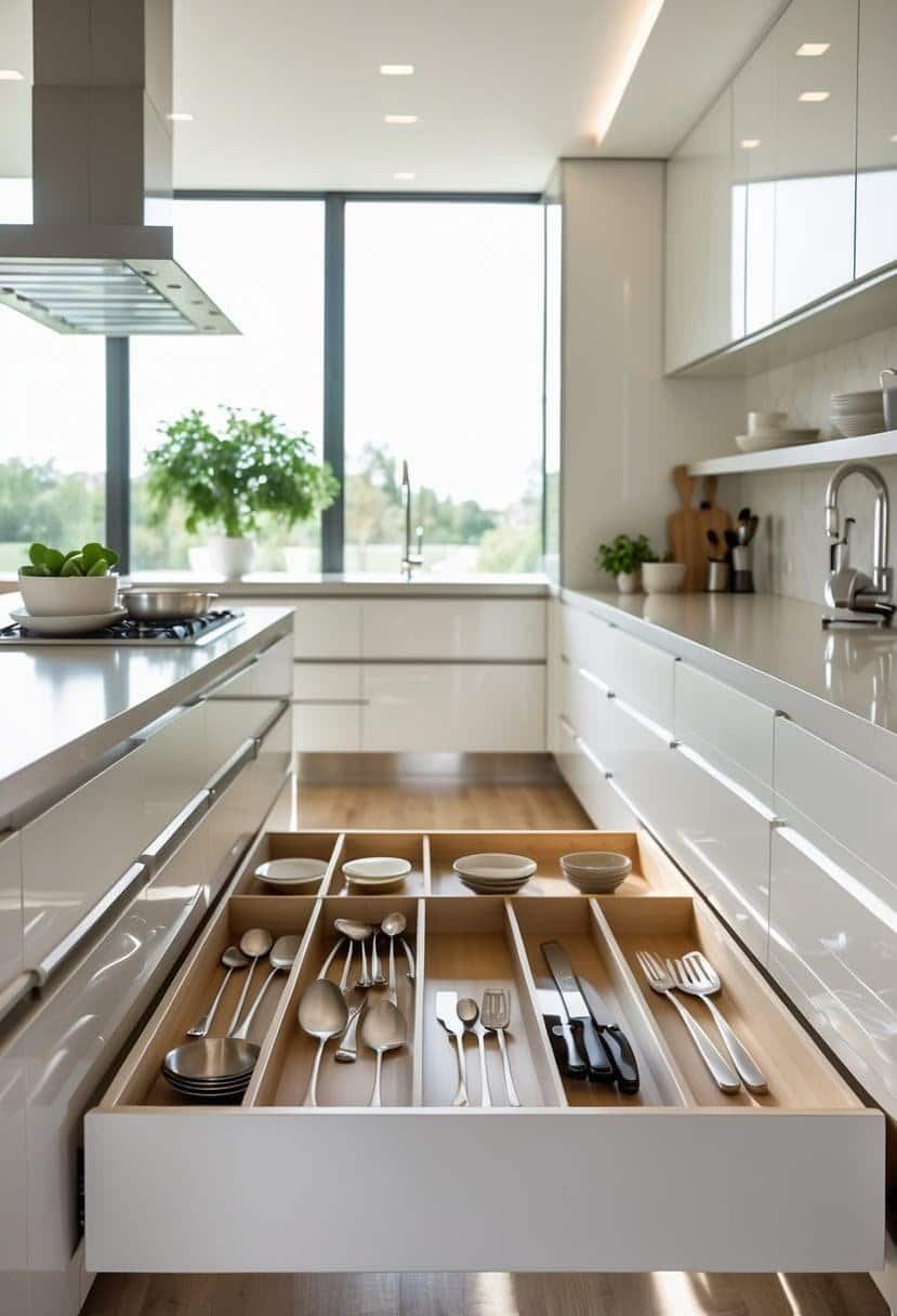 A modern L-shaped kitchen with open pull-out drawers displaying organized utensils.