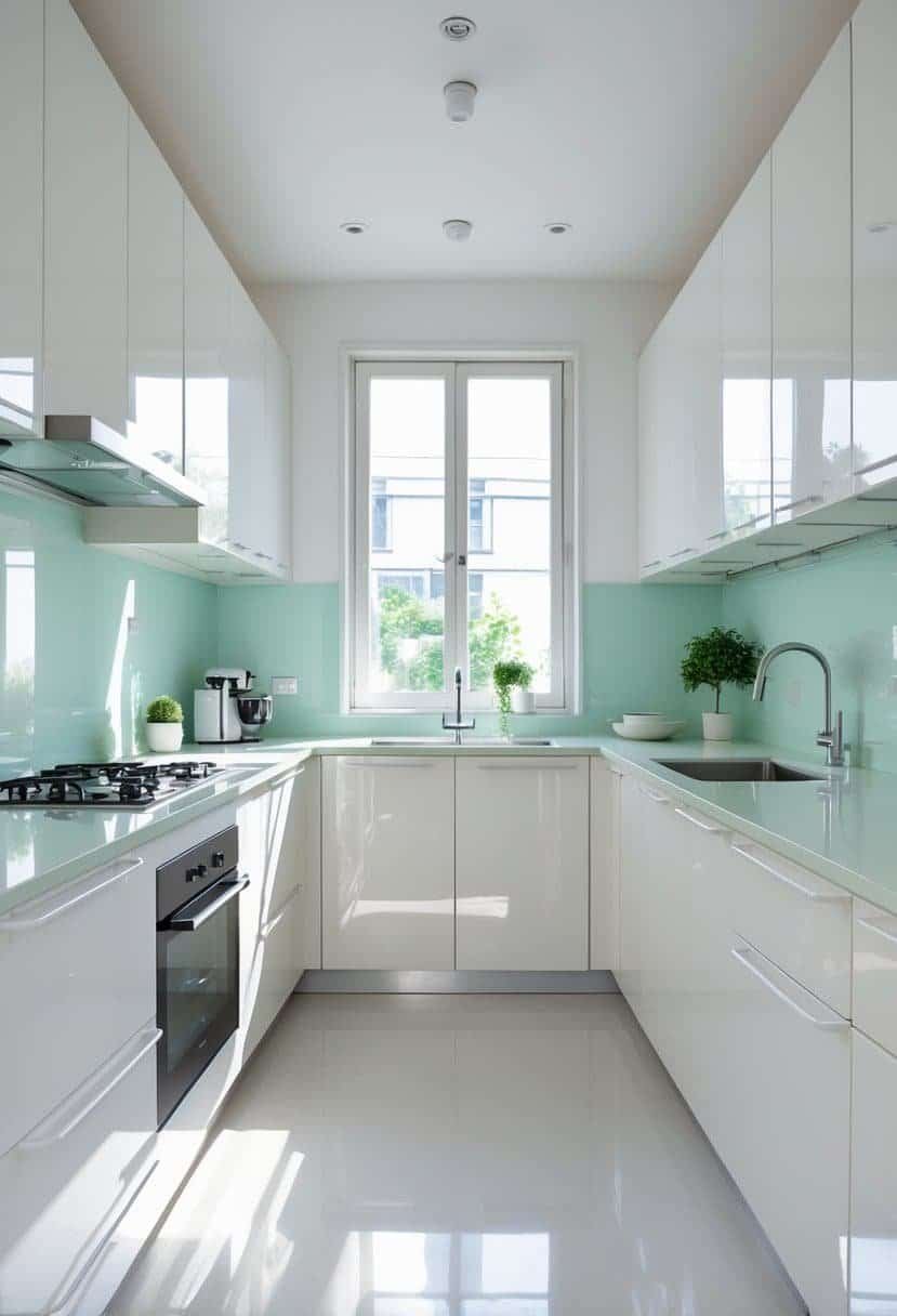 A small L-shaped kitchen with white cabinets, light countertops, and natural light coming through a window.