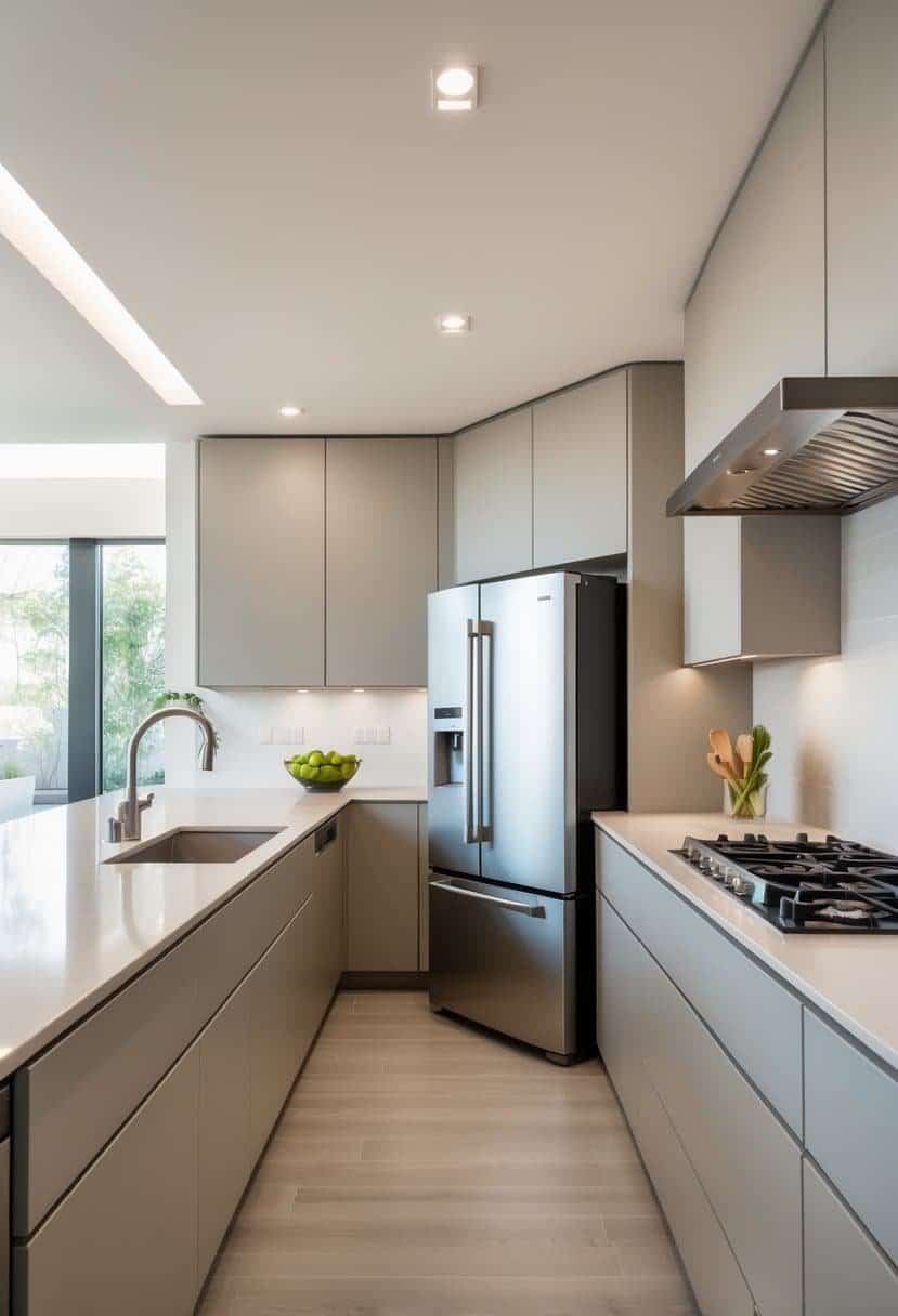 A modern kitchen with an L-shaped layout and a refrigerator positioned at one end of the countertop.