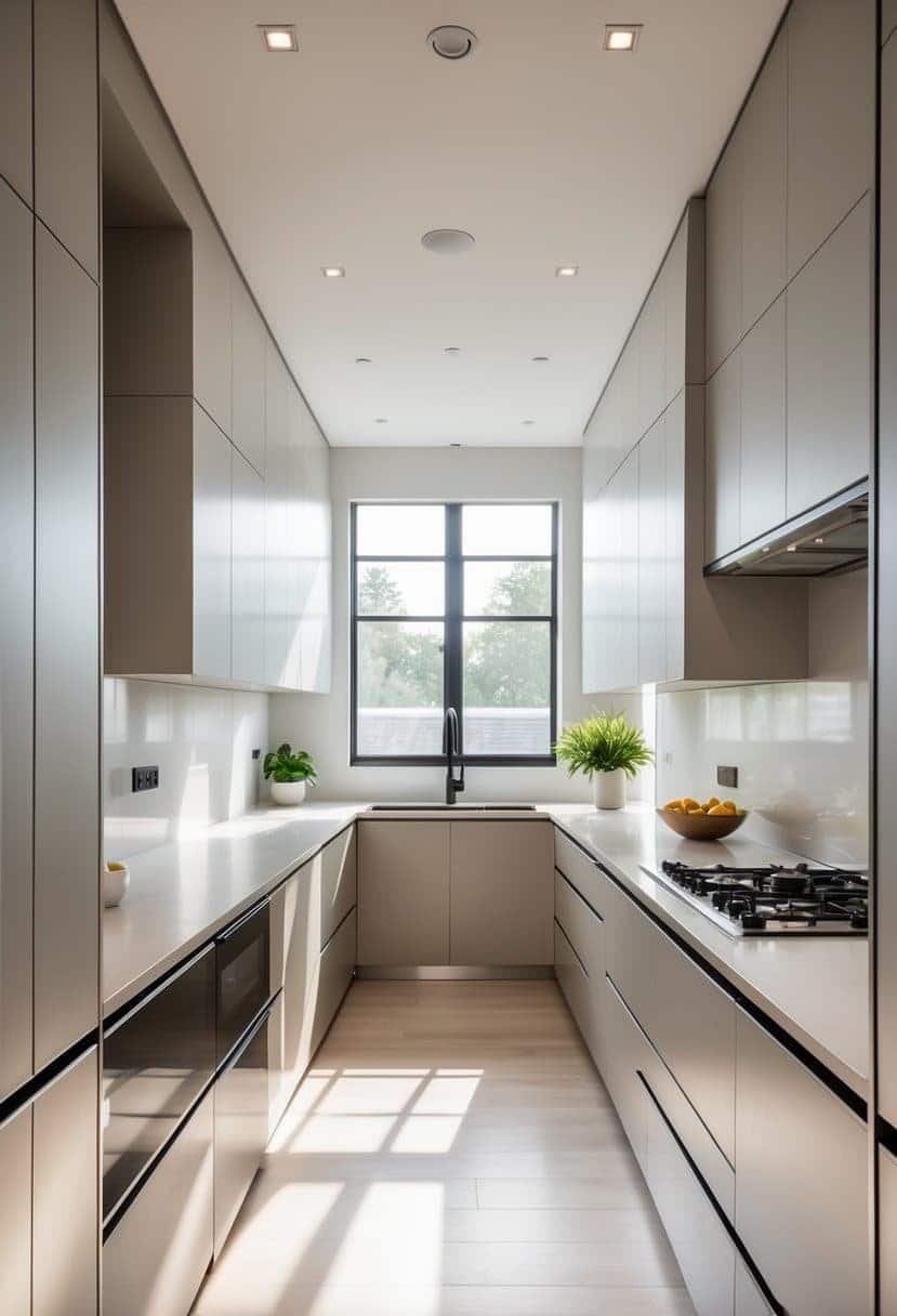 A bright and spacious kitchen with an L-shaped layout featuring smooth, handleless cabinets and clean countertops.