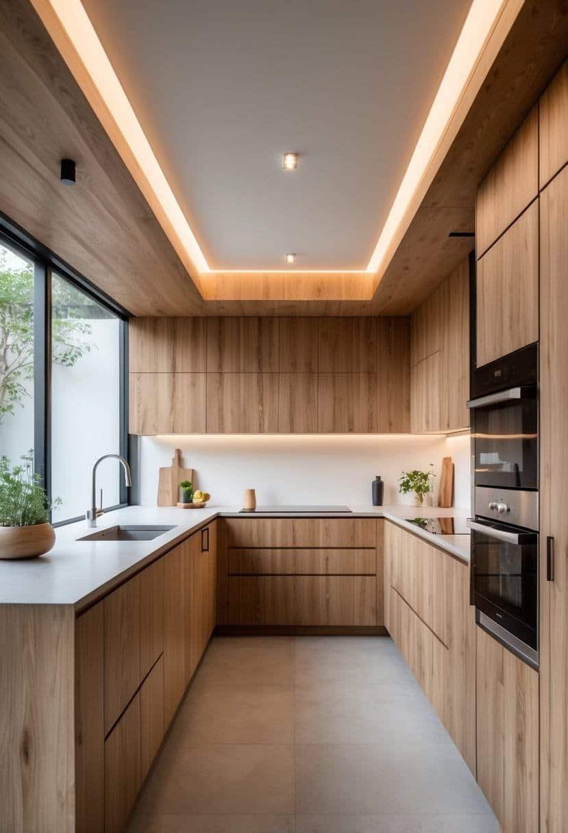 A spacious kitchen with an L-shaped layout featuring wood cabinets and stainless steel appliances.