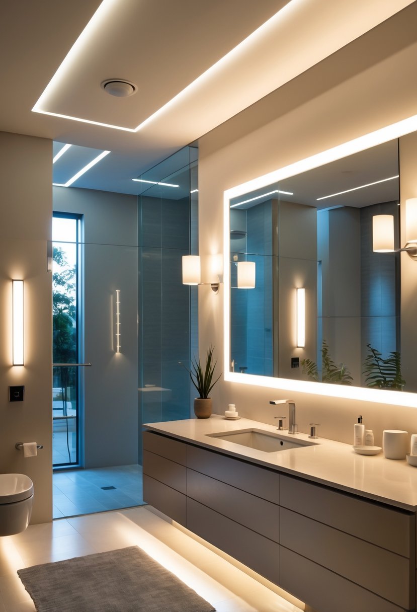 A modern bathroom without windows, brightly lit by ceiling, wall, and vanity lights, featuring a sink and mirror.