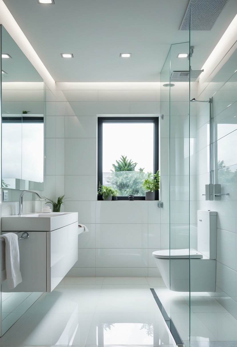A modern bathroom with glossy white tiles, a white vanity, wall-mounted toilet, and a walk-in shower without any windows.
