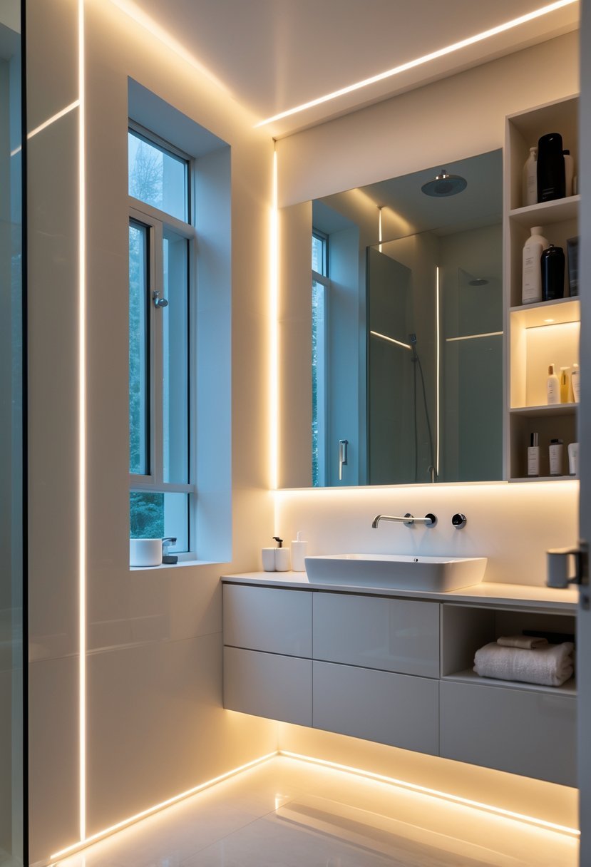 A modern windowless bathroom with LED strip lights installed under cabinets and shelves, illuminating the space softly.