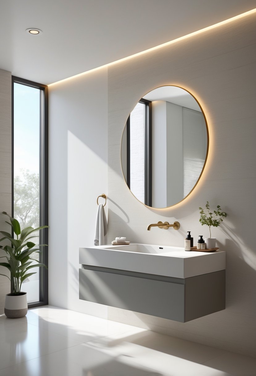 A modern bathroom with a floating vanity mounted on the wall, creating open floor space underneath, and no windows visible.