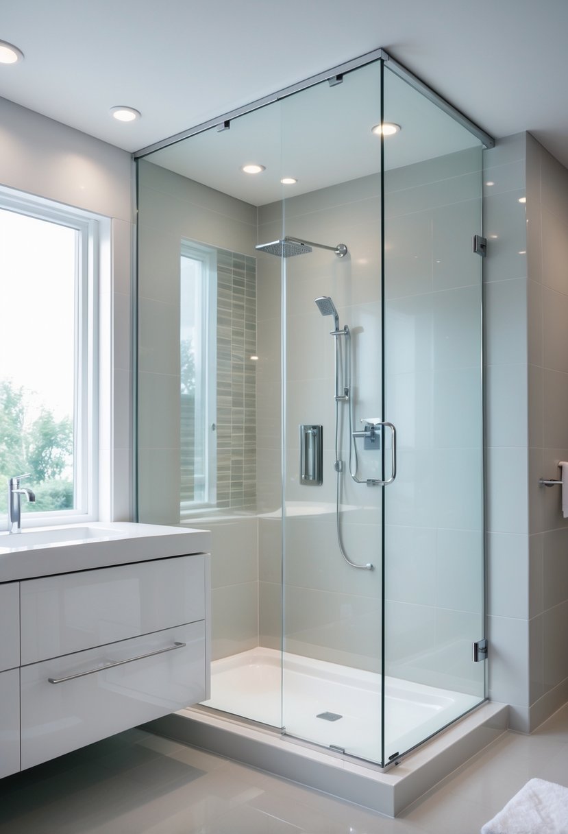 A modern bathroom with a glass shower door, white vanity, and tiled walls, without any windows.