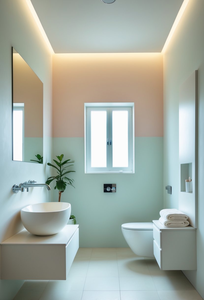 A modern bathroom with matte white and pastel-colored walls, a sink, mirror, and folded towels, without any windows.