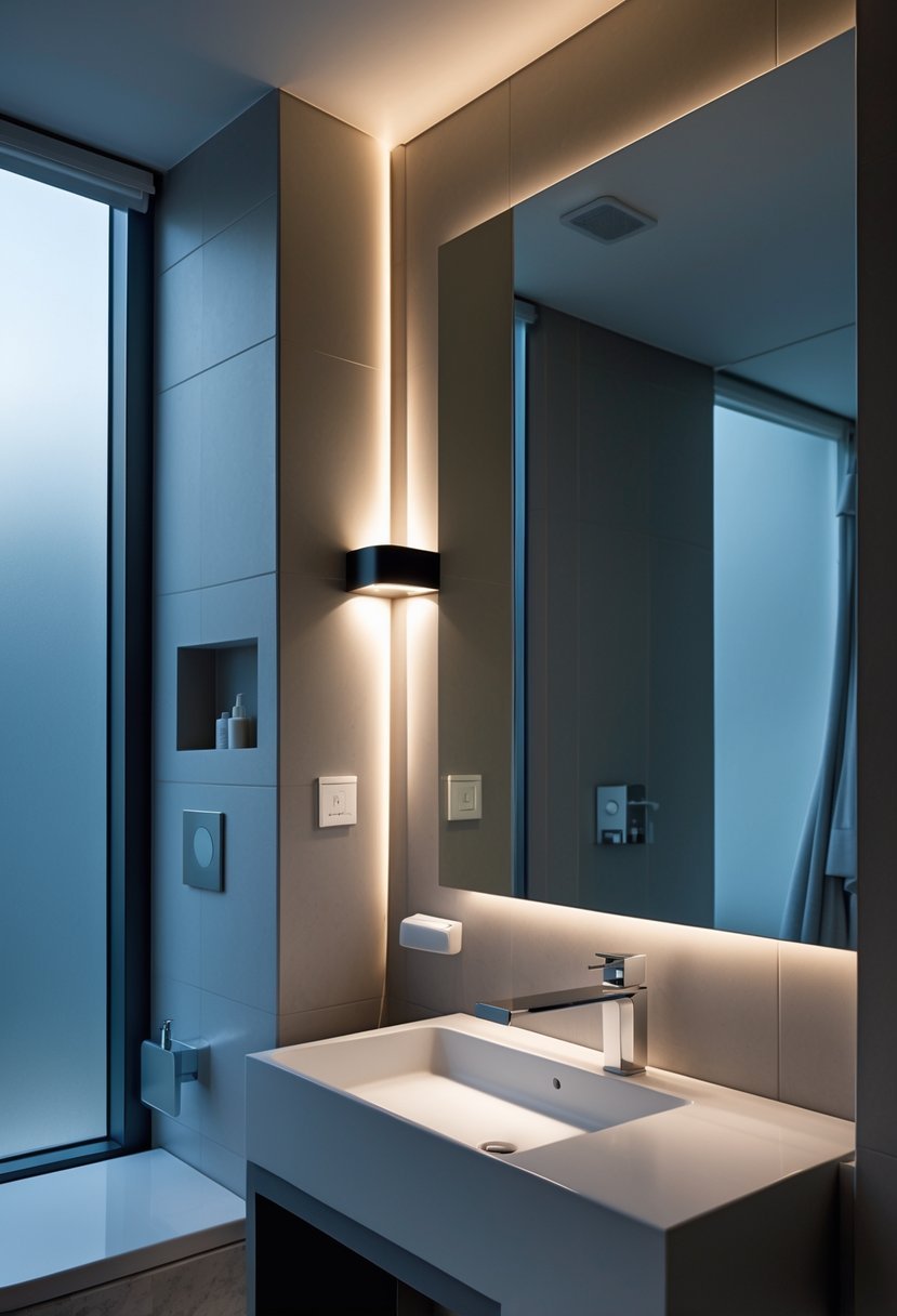 A modern windowless bathroom with a motion-sensor night light glowing near the vanity mirror.