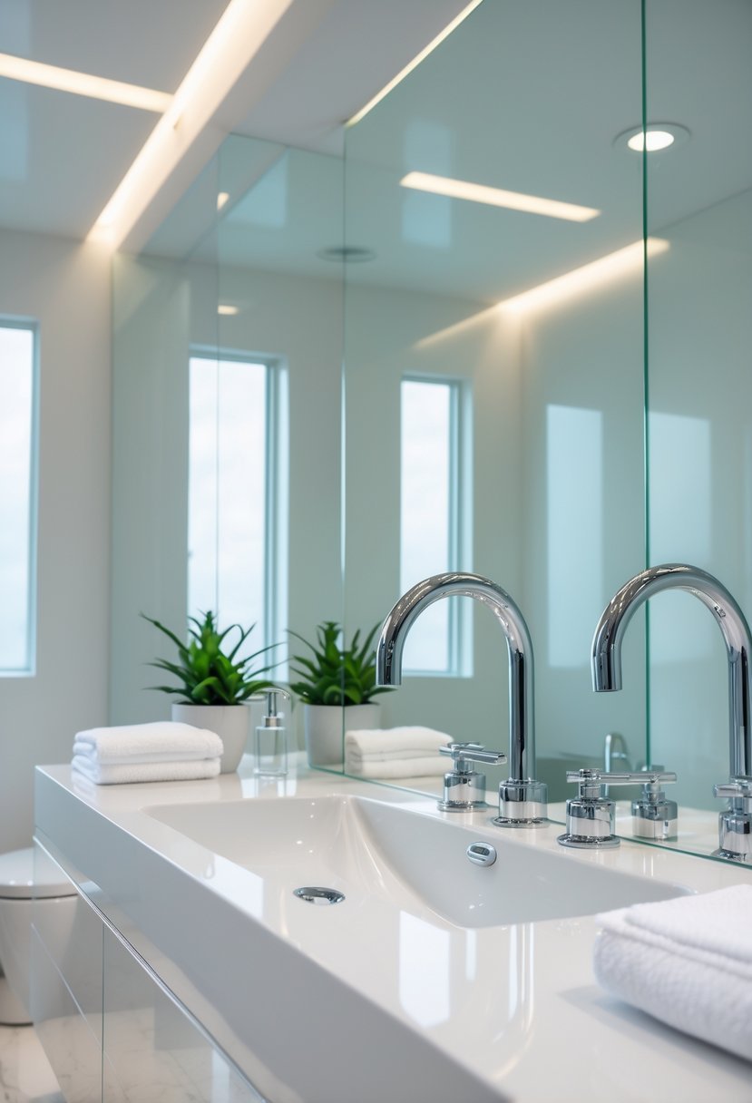 A modern bathroom with chrome faucets and reflective metallic fixtures, no windows visible.