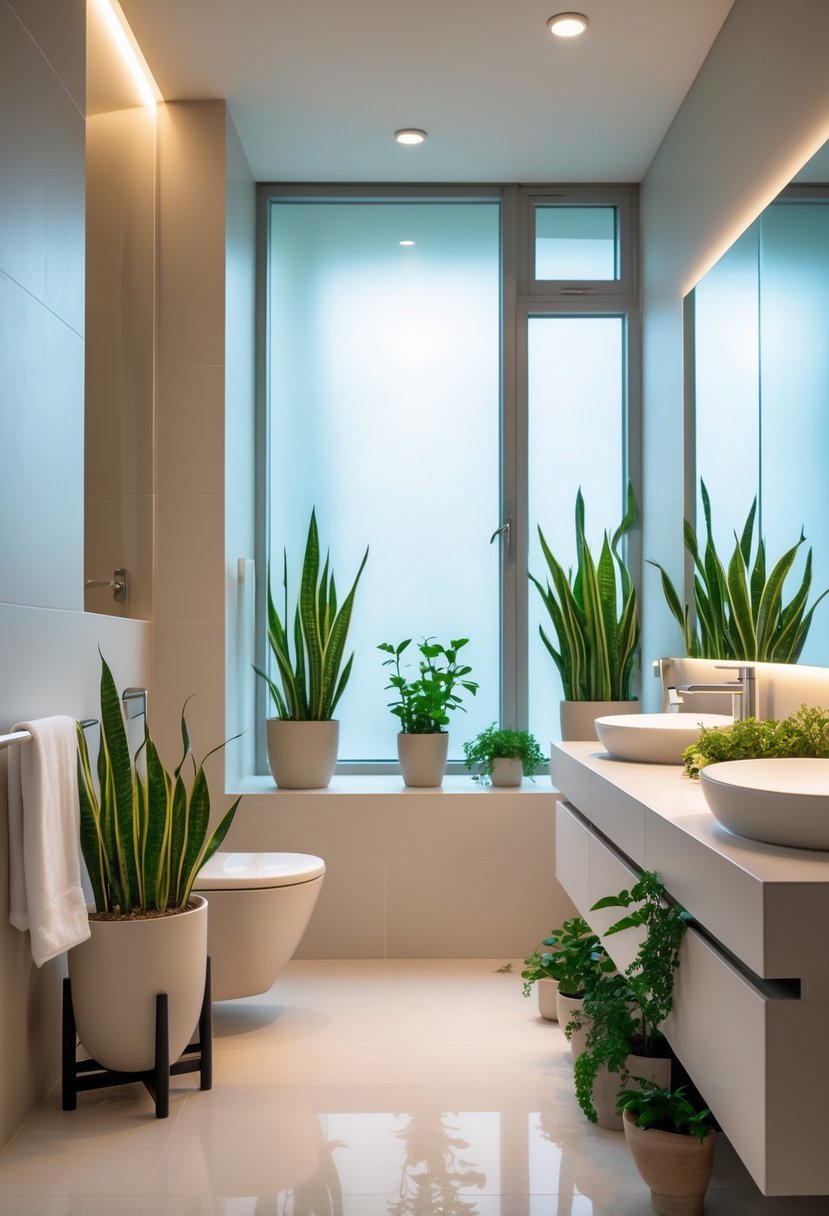 A modern windowless bathroom with snake plants placed around the space, featuring a sink, mirror, and clean decor.
