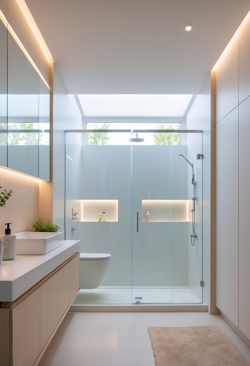 A bright, windowless bathroom with light wood accents, a walk-in shower, and clean white surfaces.