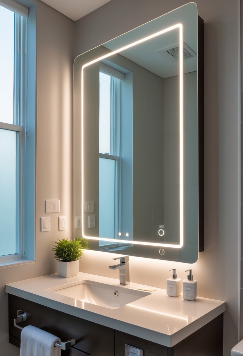 A modern windowless bathroom with a backlit mirror above a vanity and clean, minimalistic decor.