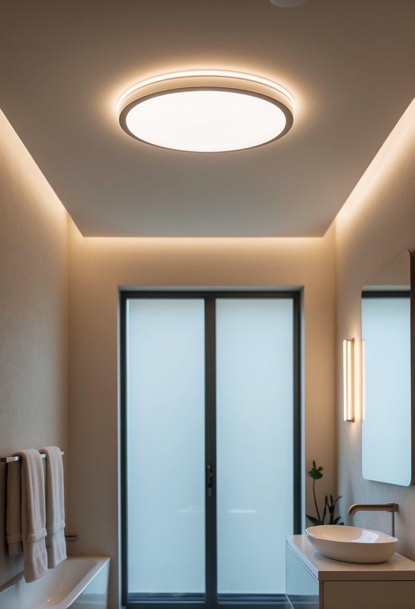 A windowless bathroom with a dimmable ceiling light softly illuminating the space, featuring a floating vanity and minimalist decor.
