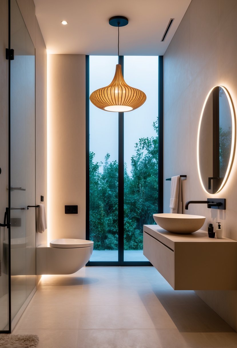 A modern windowless bathroom with a statement pendant light hanging from the ceiling above a floating vanity and vessel sink.