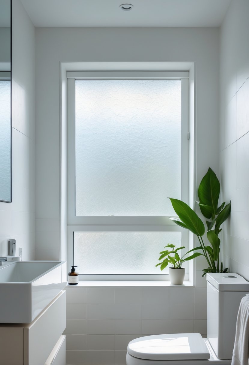 A small bathroom with a frosted window letting in diffused natural light, featuring a vanity, mirror, and a potted plant.