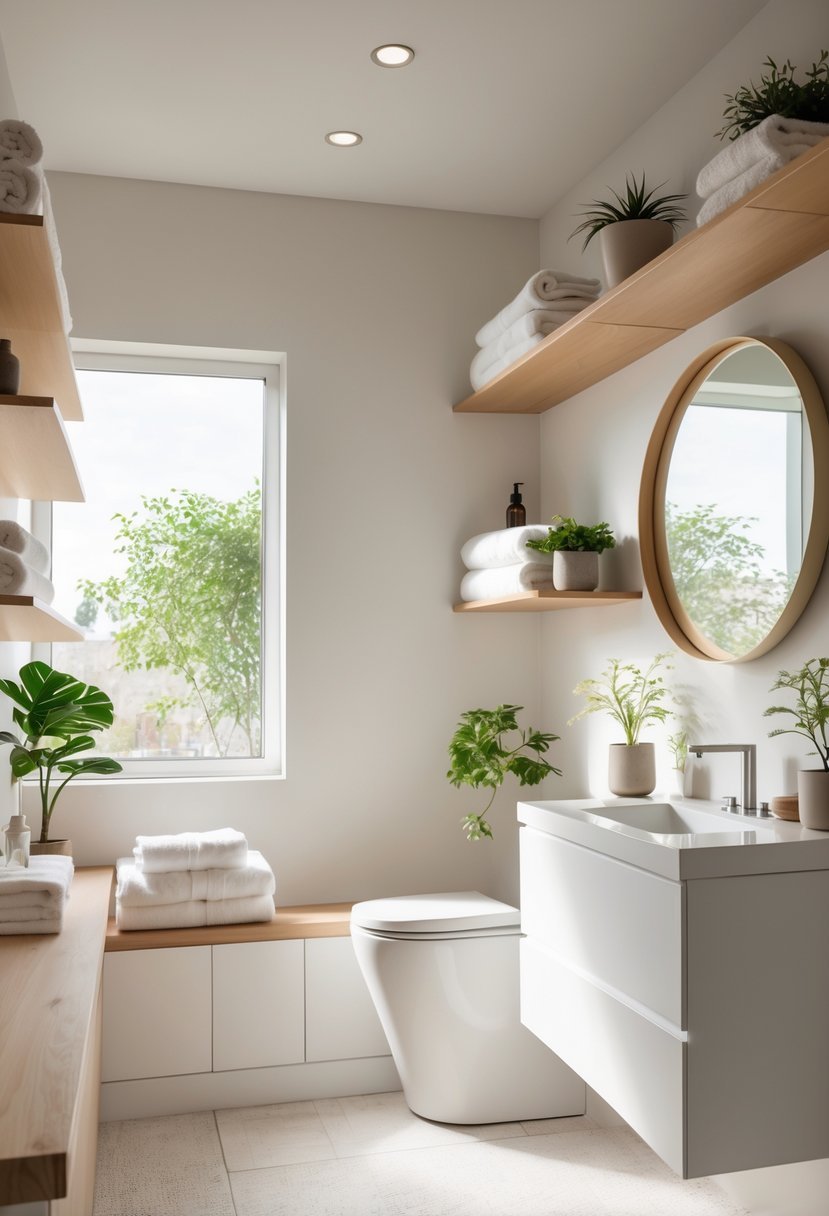 A windowless bathroom with open wooden shelves holding towels and plants, a white vanity with a round mirror, and soft lighting.