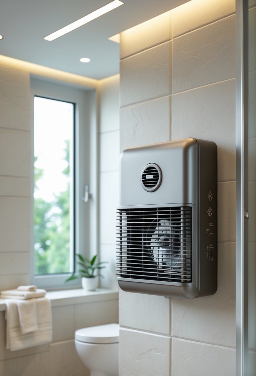 A small windowless bathroom with a decorative wall-mounted heater featuring a fan for air circulation.