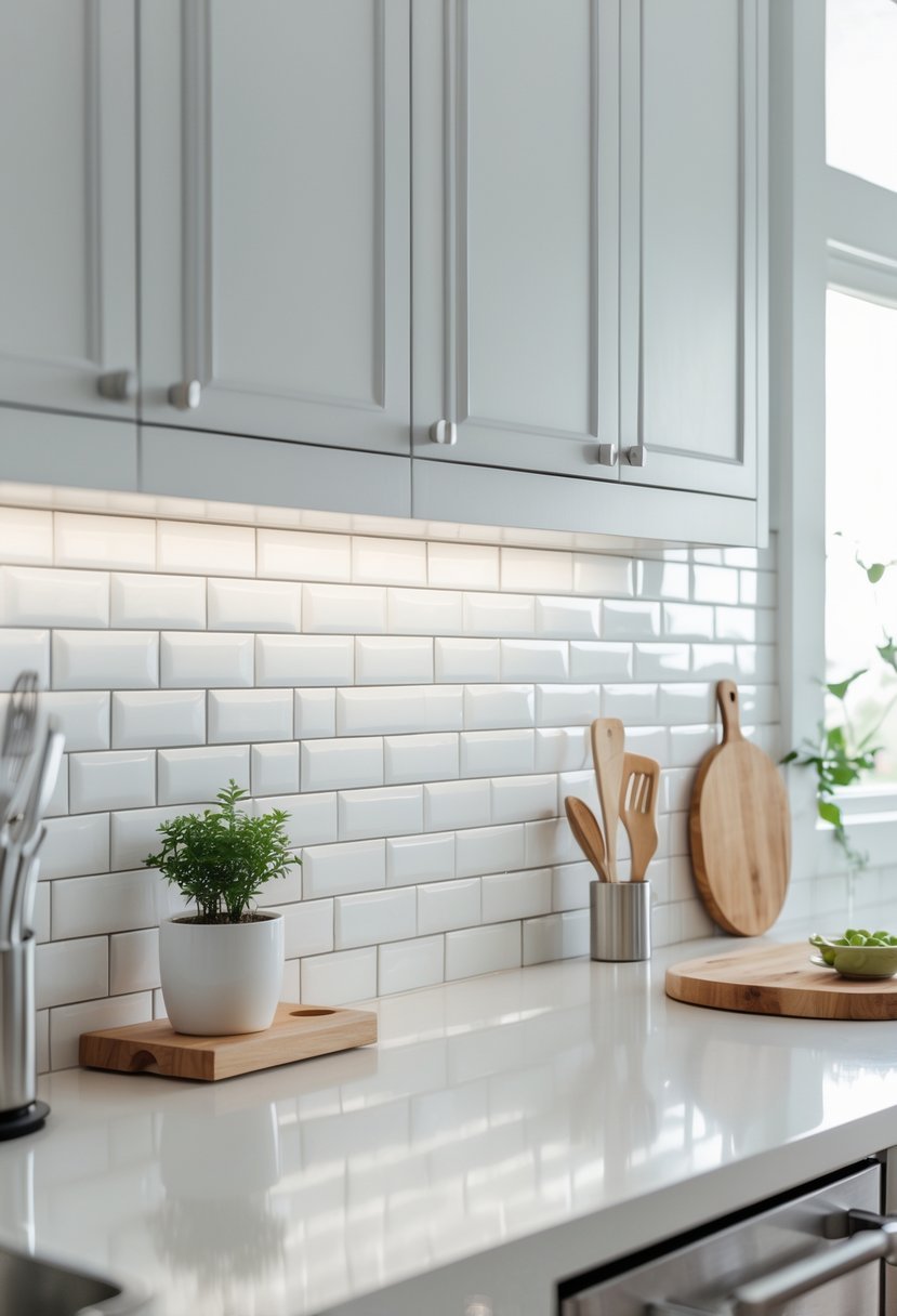 A bright kitchen countertop with white subway tile backsplash, a small plant, cutting board, and kitchen utensils.