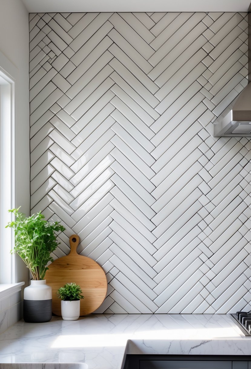 Close-up of a kitchen backsplash with white and gray herringbone pattern tiles above a marble countertop with kitchen accessories.