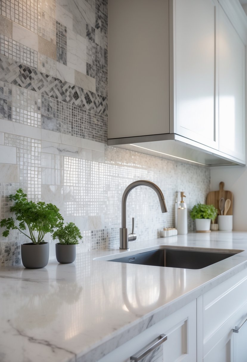 A modern kitchen with a marble mosaic backsplash, white countertop, and stainless steel faucet.
