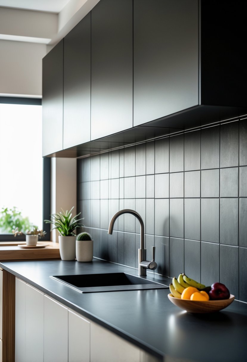 A modern kitchen with a matte black ceramic tile backsplash, white cabinets, stainless steel appliances, and a wooden countertop with decorative items.