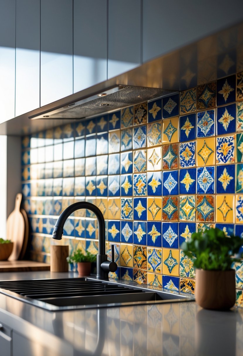 A kitchen backsplash made of colorful hand-painted tiles behind a countertop with a faucet and small potted herbs.