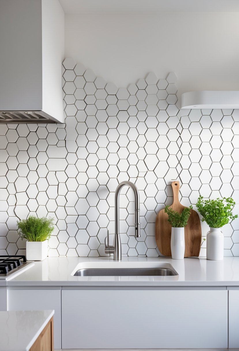 A modern kitchen with a white hexagonal tile backsplash behind a countertop with kitchen accessories and potted herbs.