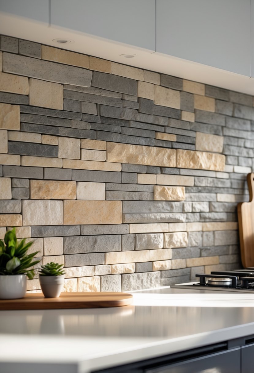 A kitchen with a textured stone backsplash, countertop, and kitchen accessories.