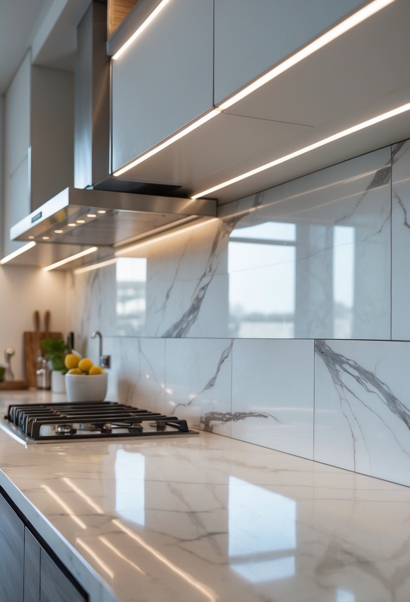 Modern kitchen with a glossy marble slab backsplash and clean countertop under soft lighting.