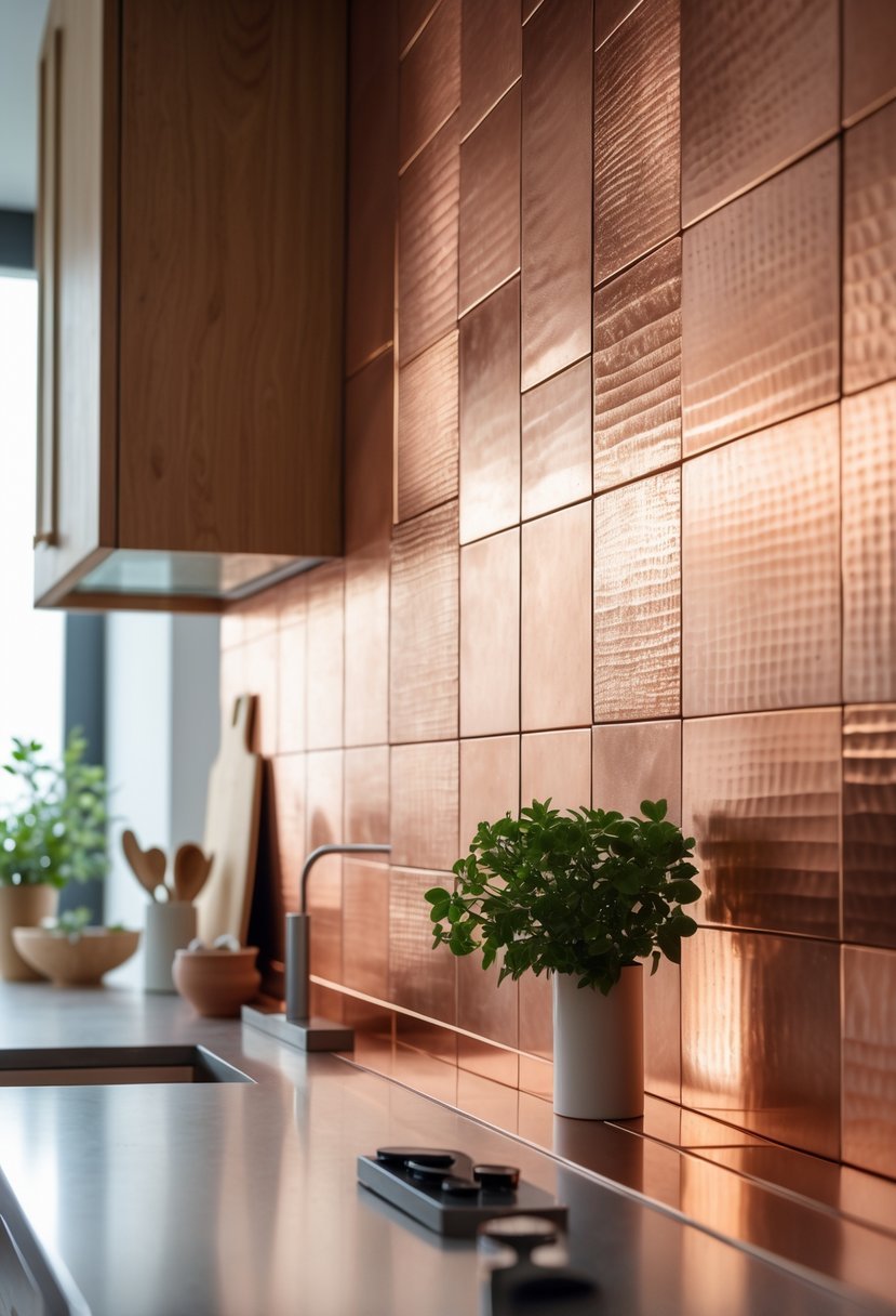 A modern kitchen with a metallic copper tile backsplash and a clean countertop with kitchen items.