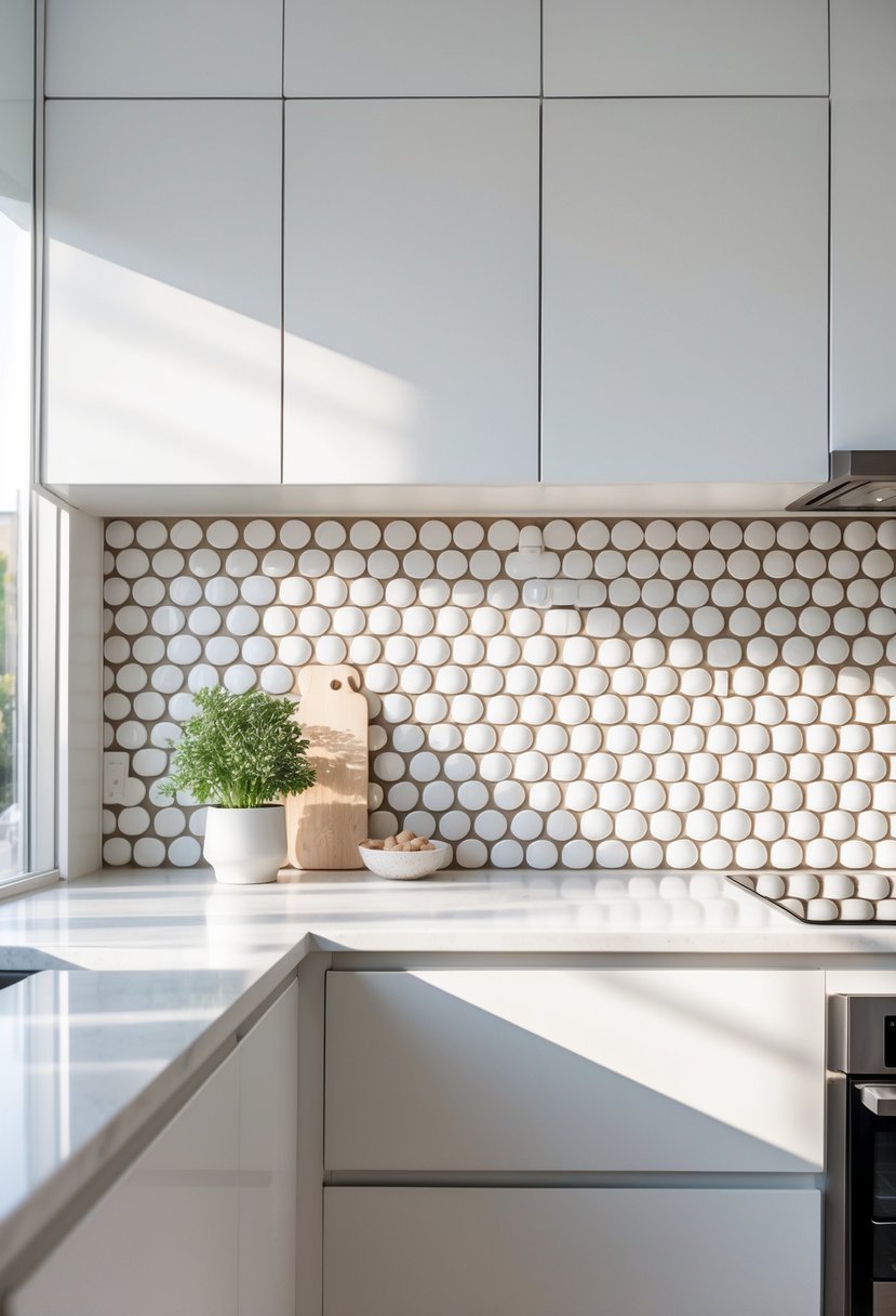 A modern kitchen with a white penny round tile backsplash, light countertop, and stainless steel fixtures.
