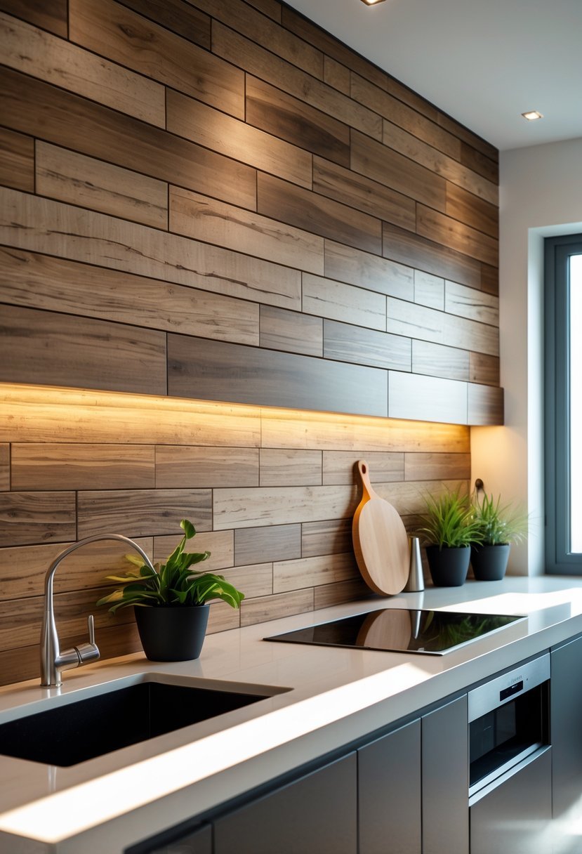 Modern kitchen with a backsplash made of wood-look porcelain tiles and a clean countertop with plants and utensils.