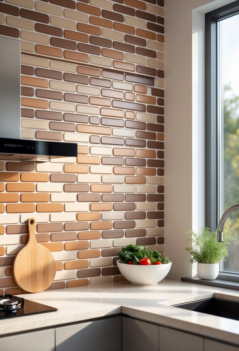 A bright kitchen with a brick backsplash, countertop with kitchen accessories, and natural light coming through a window.