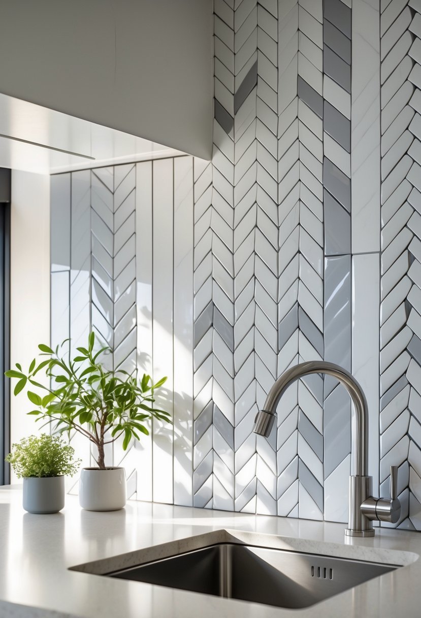 A modern kitchen backsplash with white and gray chevron pattern tiles above a clean countertop with a faucet and small plant.