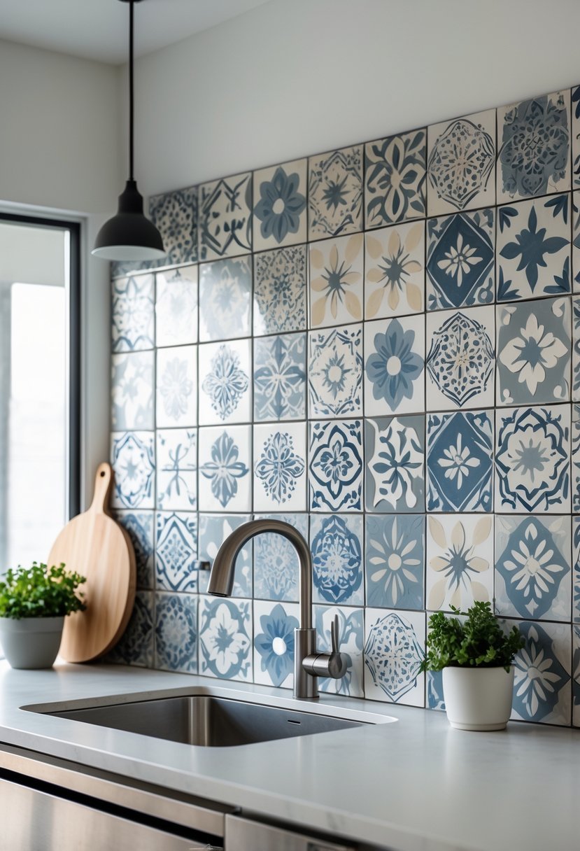 A kitchen backsplash made of patterned cement tiles above a clean countertop with kitchen accessories.
