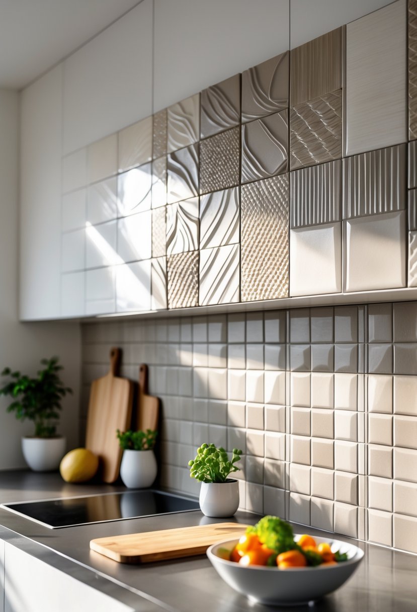 A modern kitchen backsplash with 3D textured tiles in a clean kitchen setting with a countertop and small decorative items.